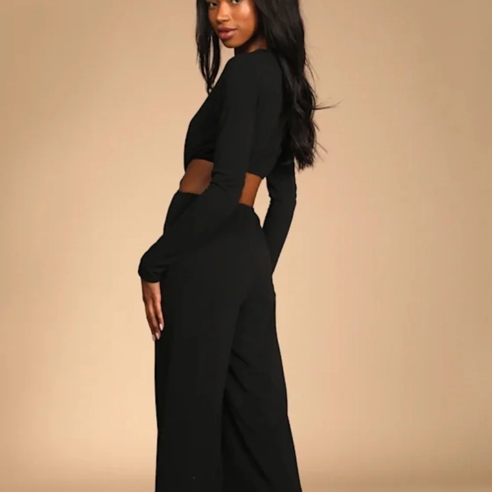 Lulu's Black Long Sleeve Wide Leg Cutout Jumpsuit XL